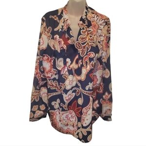 LIZ CLAIBORNE; Women's Long Sleeve Navy Floral Blouse, Sz XL